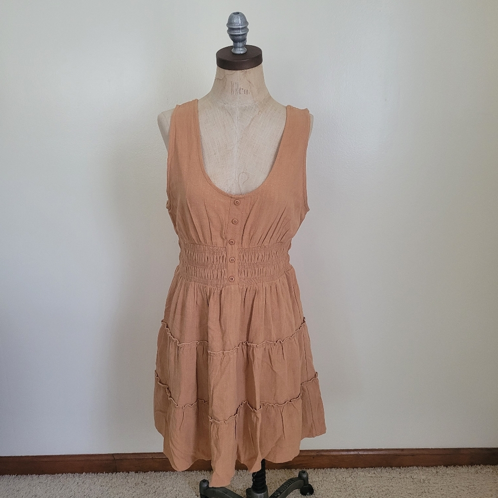NWT New In M Linen Blend Smocked Tiered Fairycore Mini Dress Mocha Summer Beach